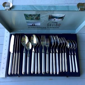 COPY - FJORD DESIGN - NORA STEEL FLATWARE 20 piece place setting. New in box.